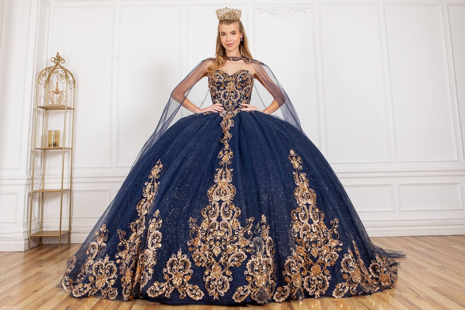 Navy Sweetheart Floor Length Embossed Tulle Quinceanera Ball Gown with Detachable Train Sleeves Cinderella Couture 8063J