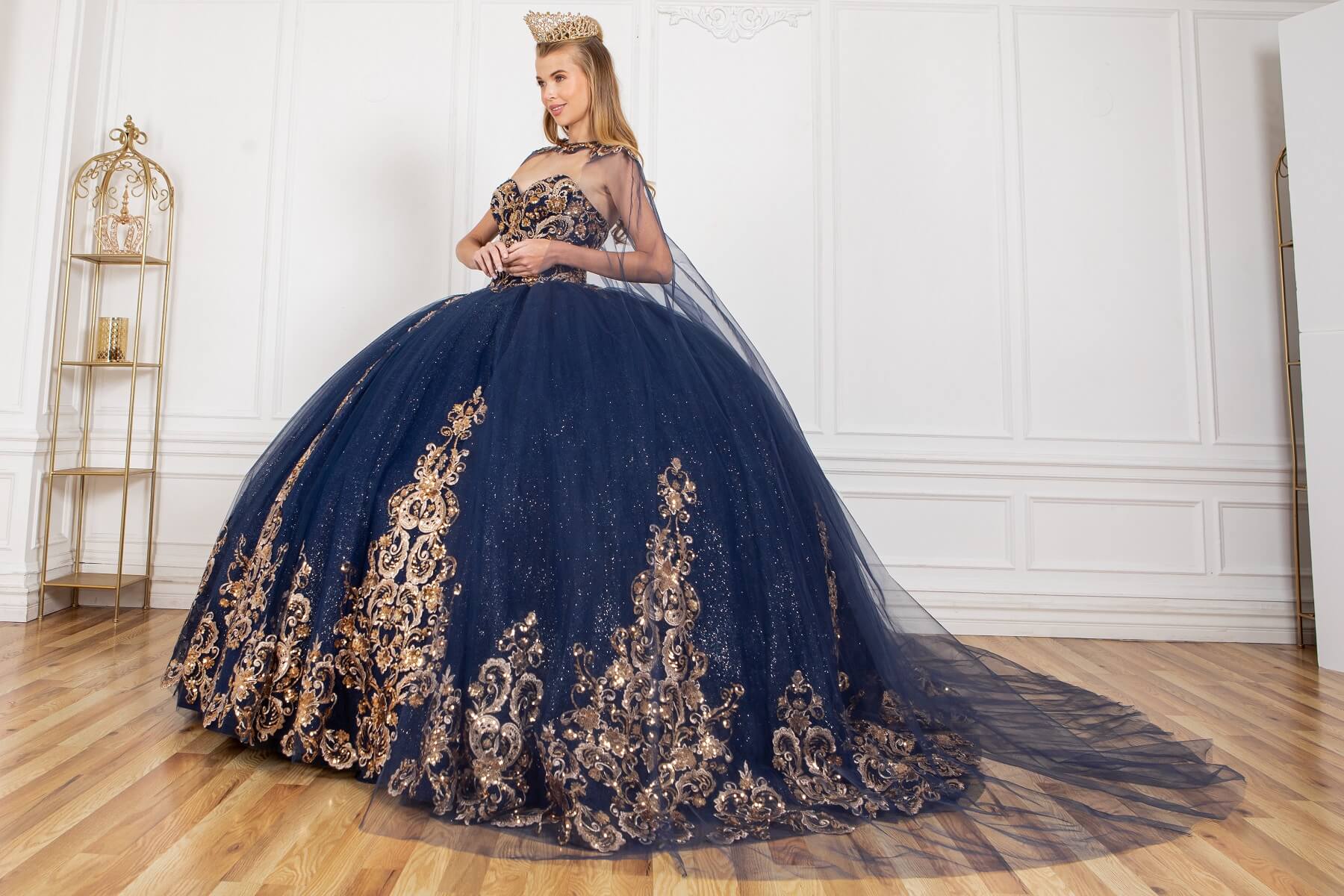 Navy Sweetheart Floor Length Embossed Tulle Quinceanera Ball Gown with Detachable Train Sleeves Cinderella Couture 8063J