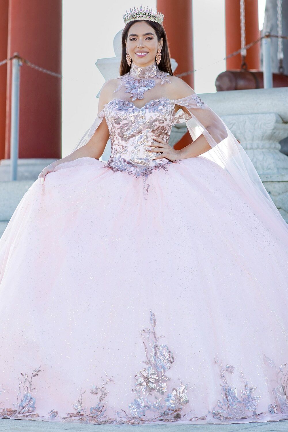 Blush Sweetheart Floor Length Glitter Tulle Quinceanera Ball Gown with Detachable Shoulder Drapes Cinderella Couture 8064J