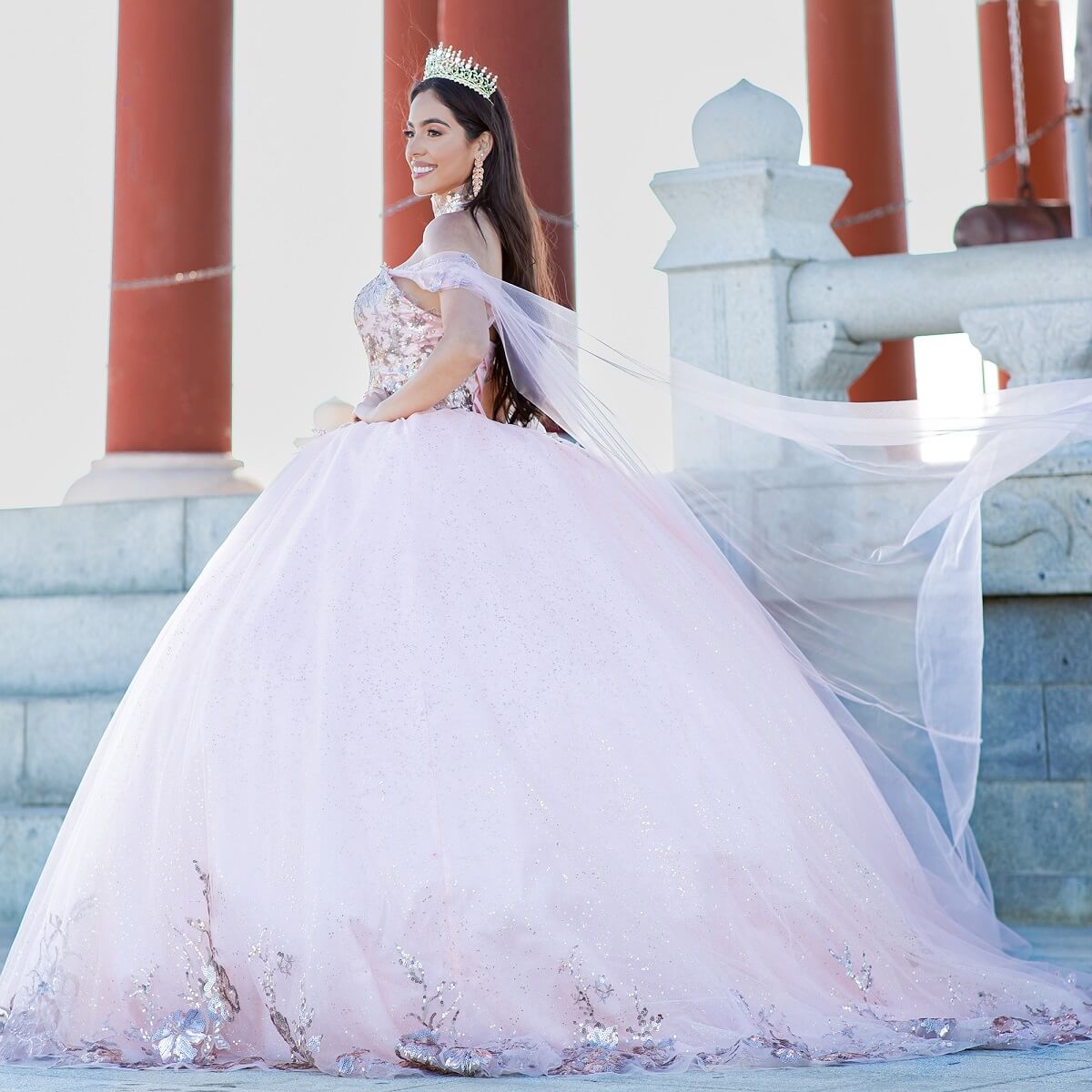 Blush Sweetheart Floor Length Glitter Tulle Quinceanera Ball Gown with Detachable Shoulder Drapes Cinderella Couture 8064J