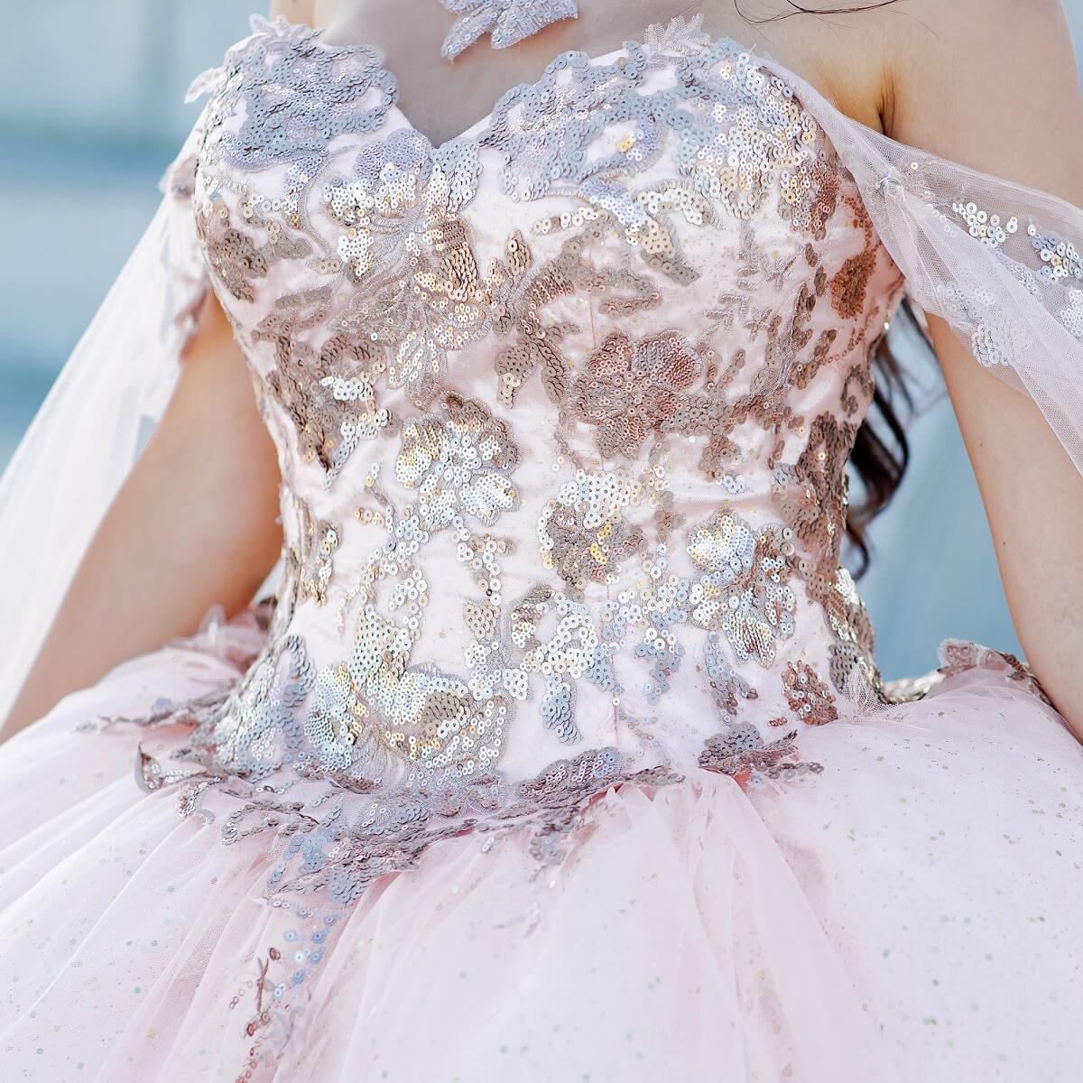 Blush Sweetheart Floor Length Glitter Tulle Quinceanera Ball Gown with Detachable Shoulder Drapes Cinderella Couture 8064J