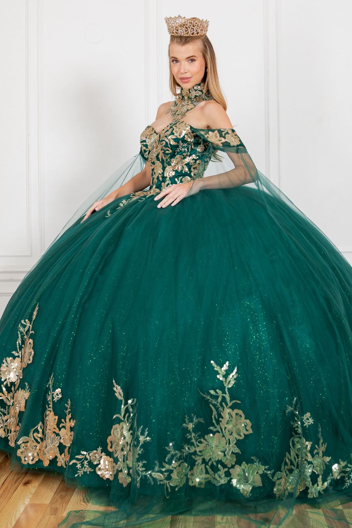Hunter Green Sweetheart Floor Length Glitter Tulle Quinceanera Ball Gown with Detachable Shoulder Drapes Cinderella Couture 8064J