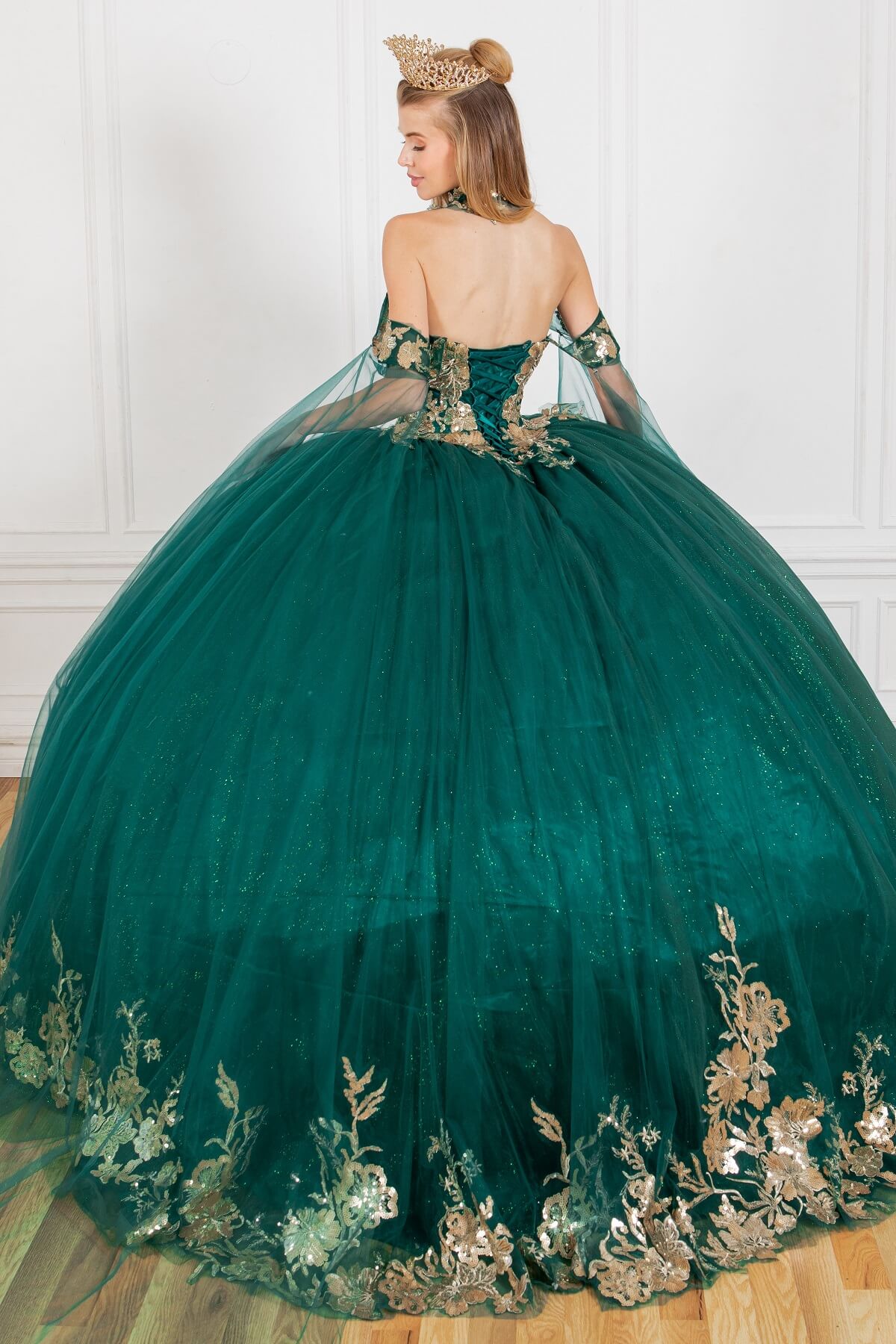 Hunter Green Sweetheart Floor Length Glitter Tulle Quinceanera Ball Gown with Detachable Shoulder Drapes Cinderella Couture 8064J