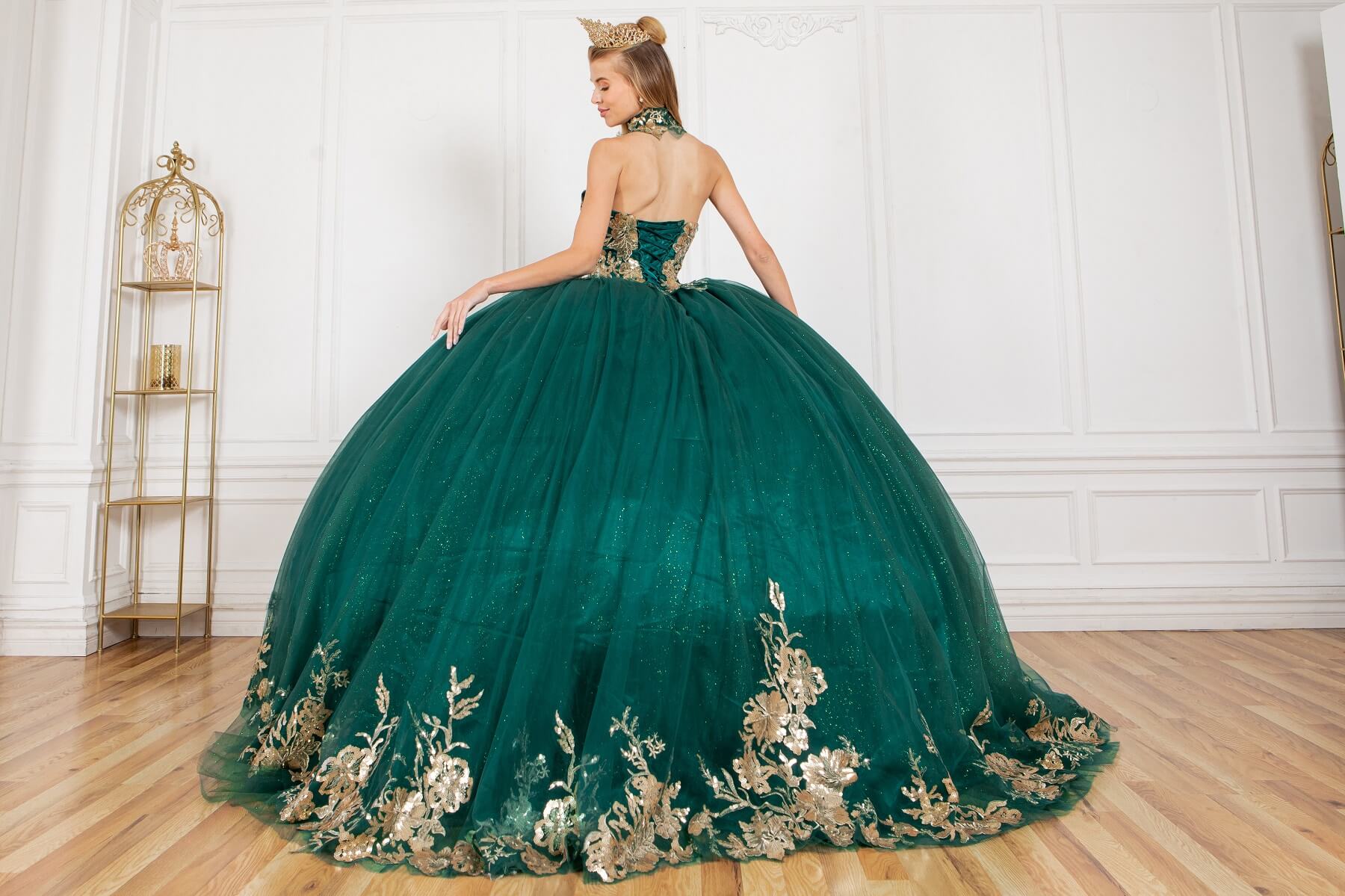 Hunter Green Sweetheart Floor Length Glitter Tulle Quinceanera Ball Gown with Detachable Shoulder Drapes Cinderella Couture 8064J