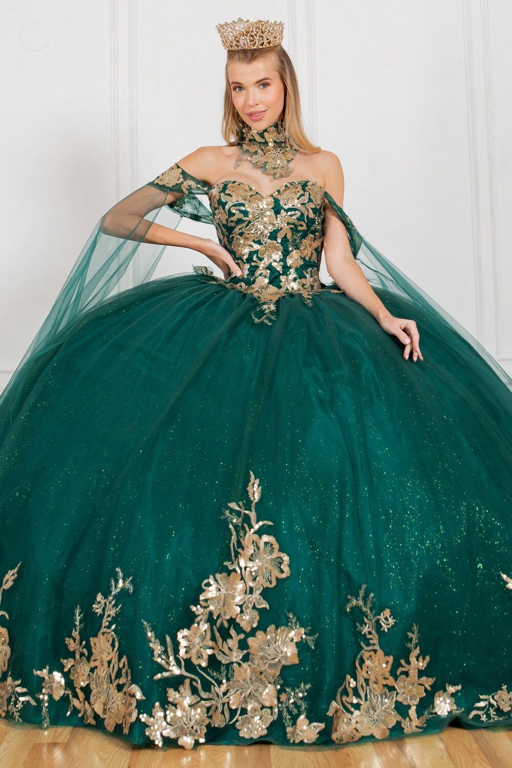 Hunter Green Sweetheart Floor Length Glitter Tulle Quinceanera Ball Gown with Detachable Shoulder Drapes Cinderella Couture 8064J