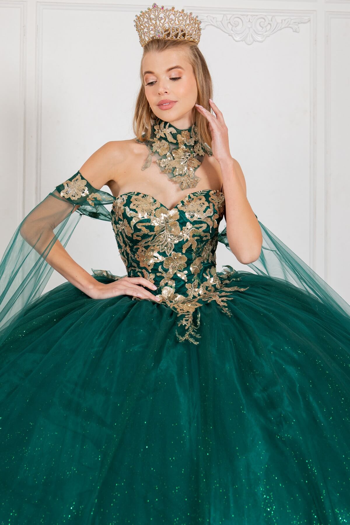 Hunter Green Sweetheart Floor Length Glitter Tulle Quinceanera Ball Gown with Detachable Shoulder Drapes Cinderella Couture 8064J