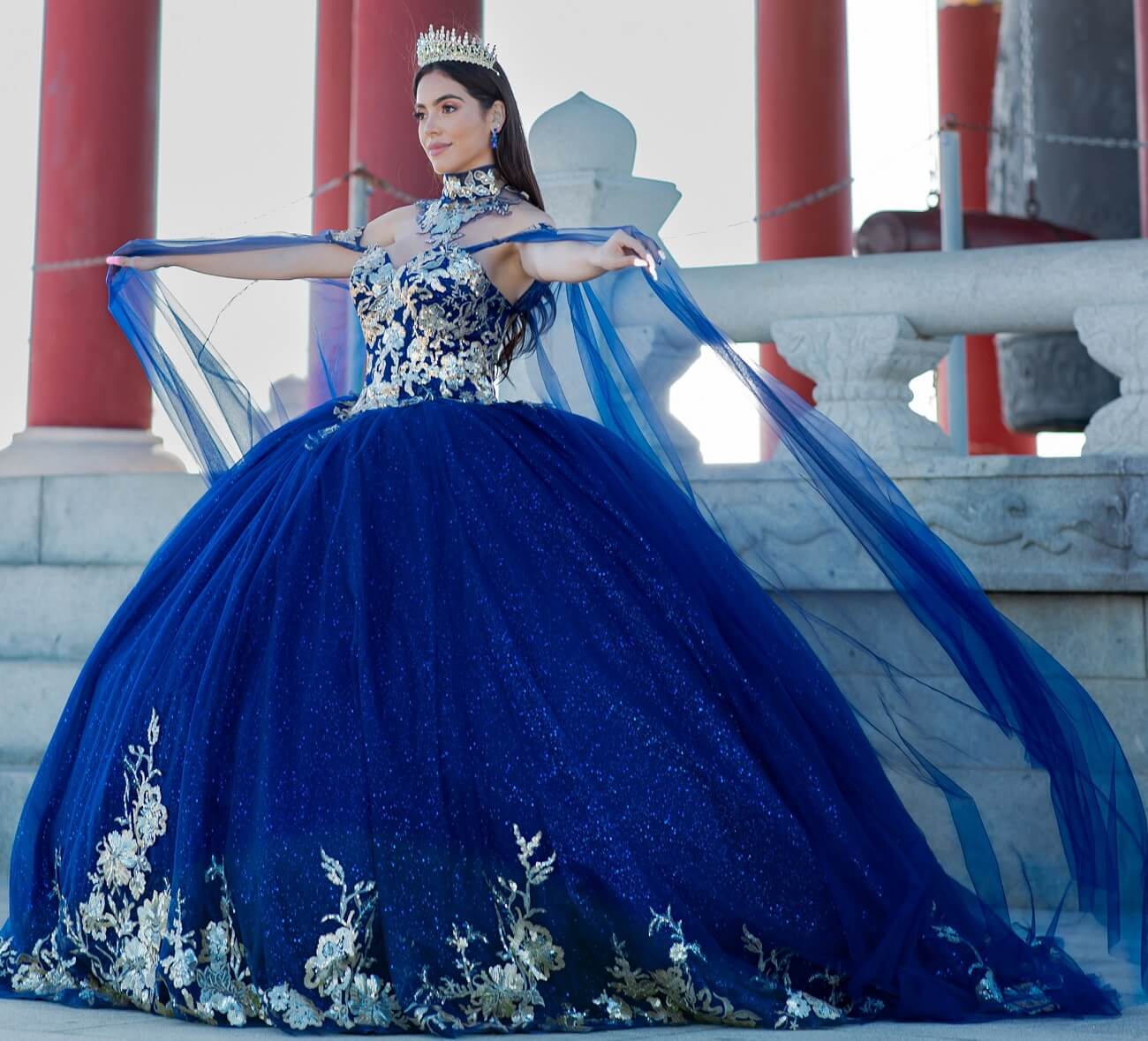 Navy Sweetheart Floor Length Glitter Tulle Quinceanera Ball Gown with Detachable Shoulder Drapes Cinderella Couture 8064J