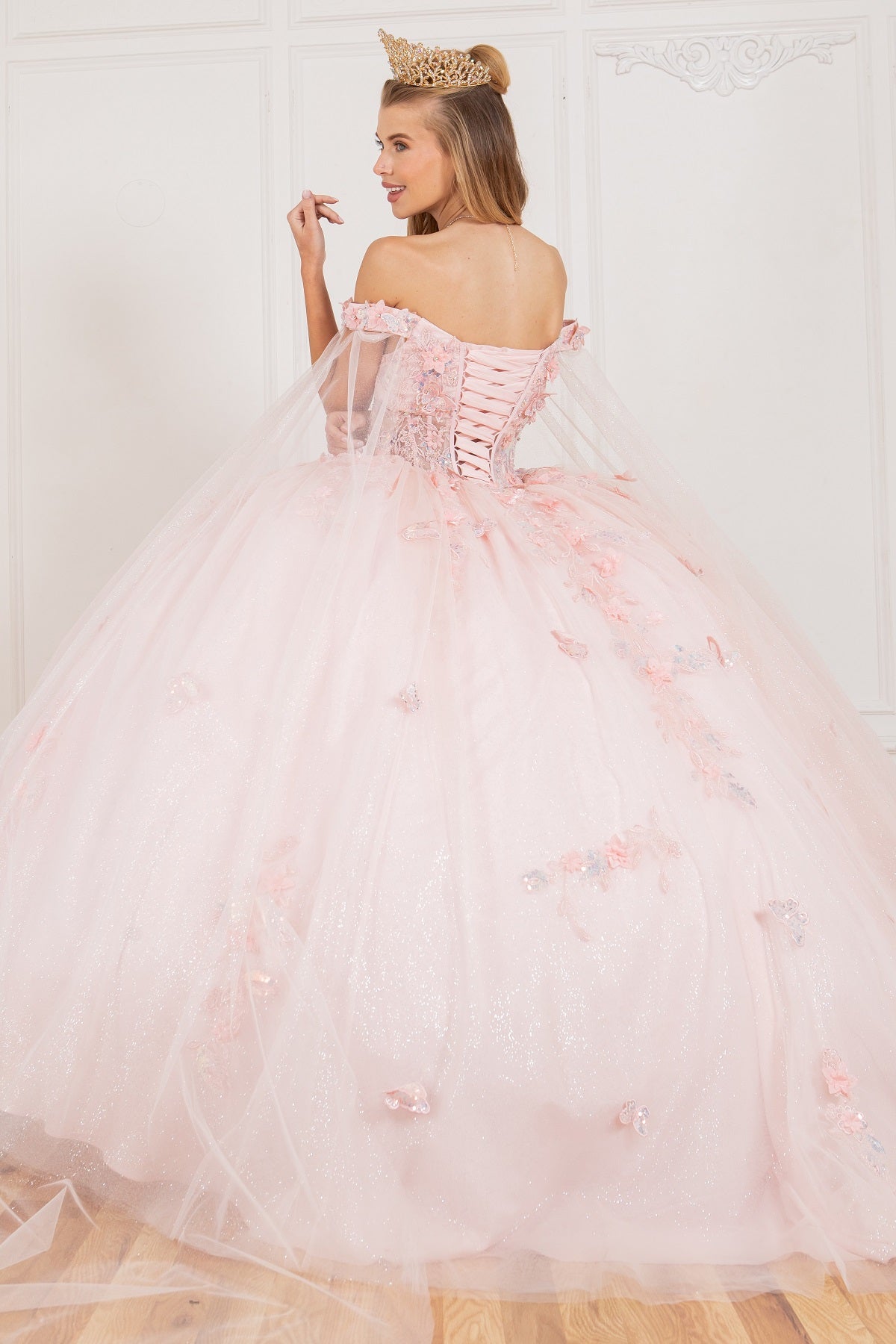 Cinderella Couture 8075J Long Applique Ball Gown Cape Quinceanera Dress