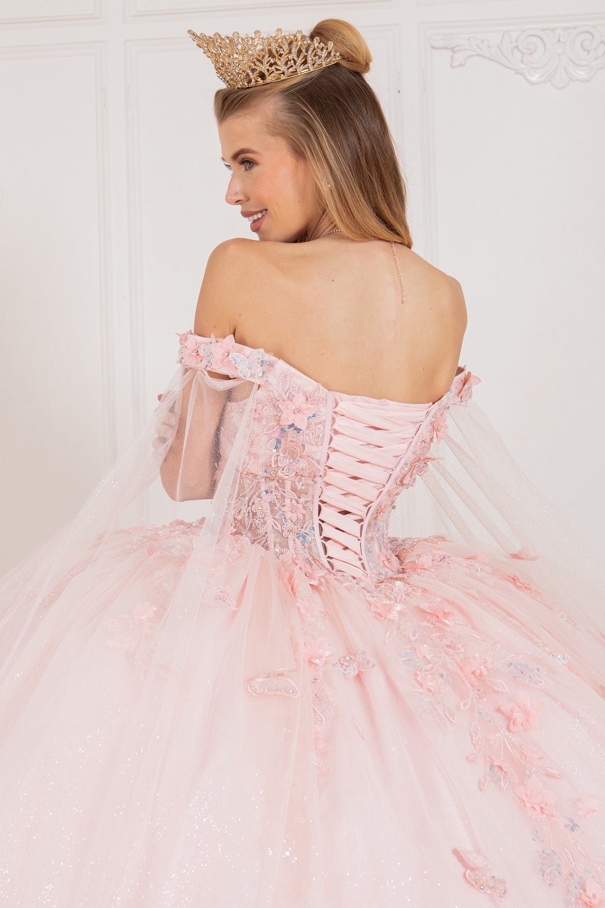 Quinceniera Dresses Long Applique Ball Gown Cape Quinceanera Dress Blush