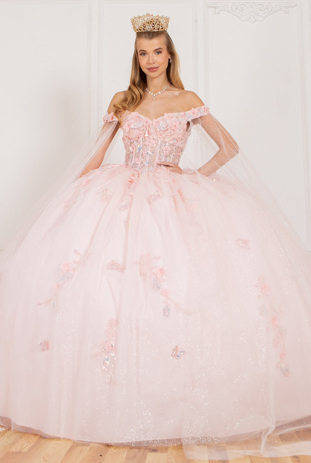 Cinderella Couture 8075J Long Applique Ball Gown Cape Quinceanera Dress