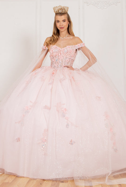 Quinceniera Dresses Long Applique Ball Gown Cape Quinceanera Dress Blush