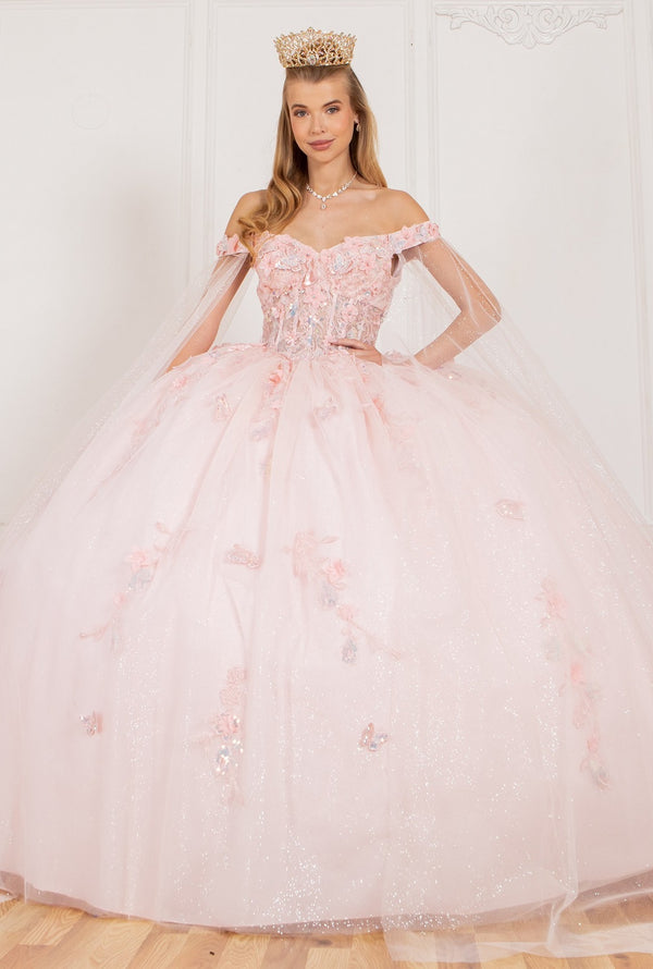 Cinderella Couture 8075J Long Applique Ball Gown Cape Quinceanera Dress