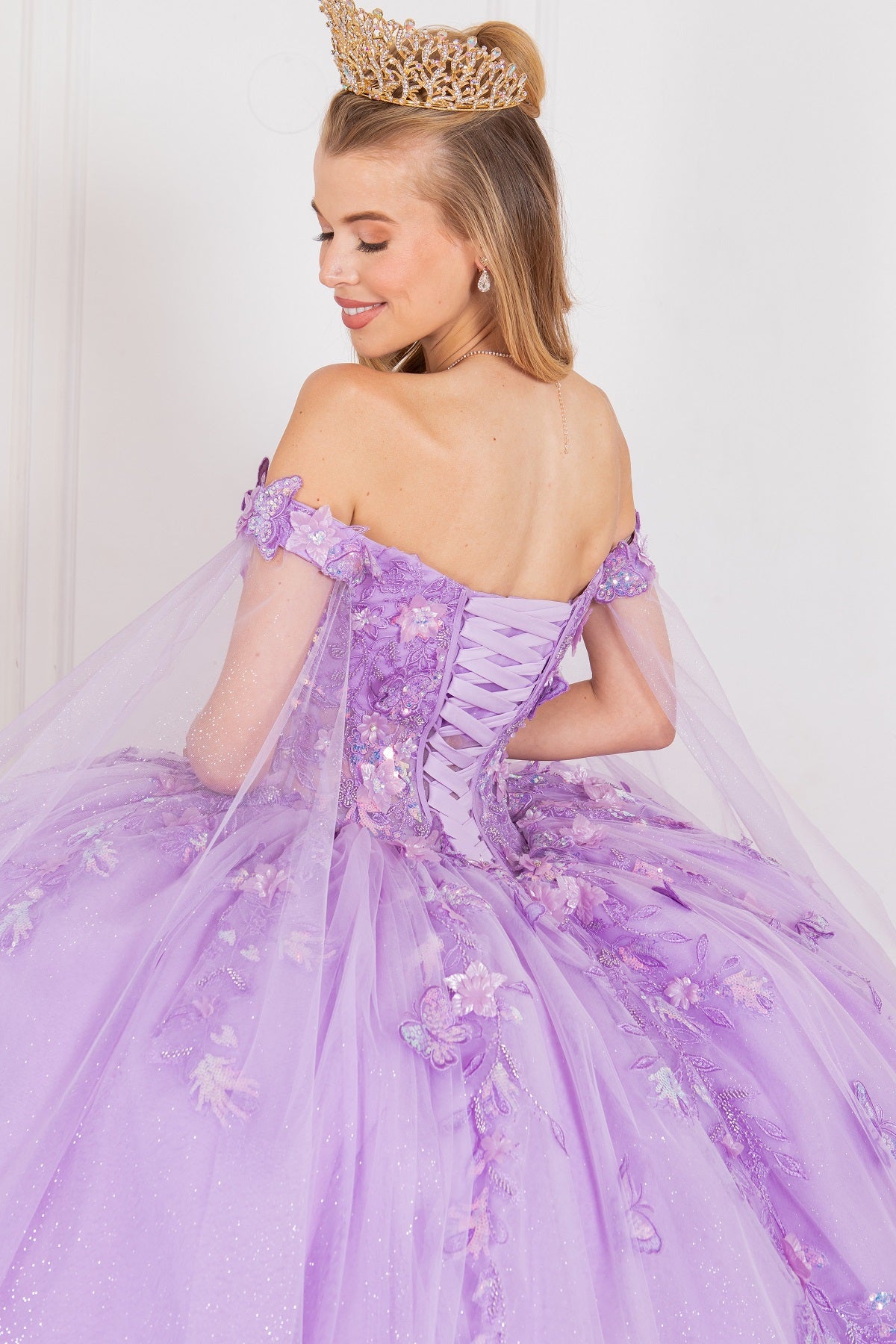 Quinceniera Dresses Long Applique Ball Gown Cape Quinceanera Dress Lilac