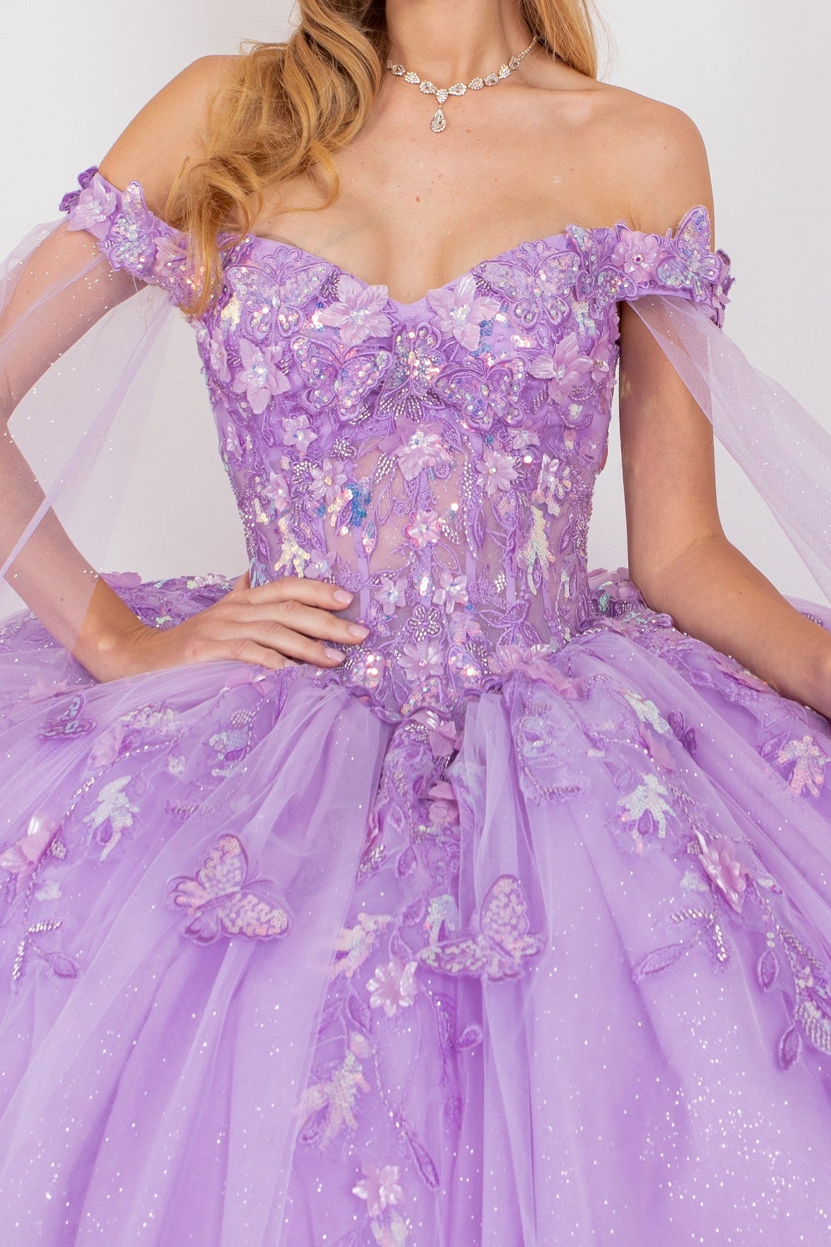 Quinceniera Dresses Long Applique Ball Gown Cape Quinceanera Dress Lilac