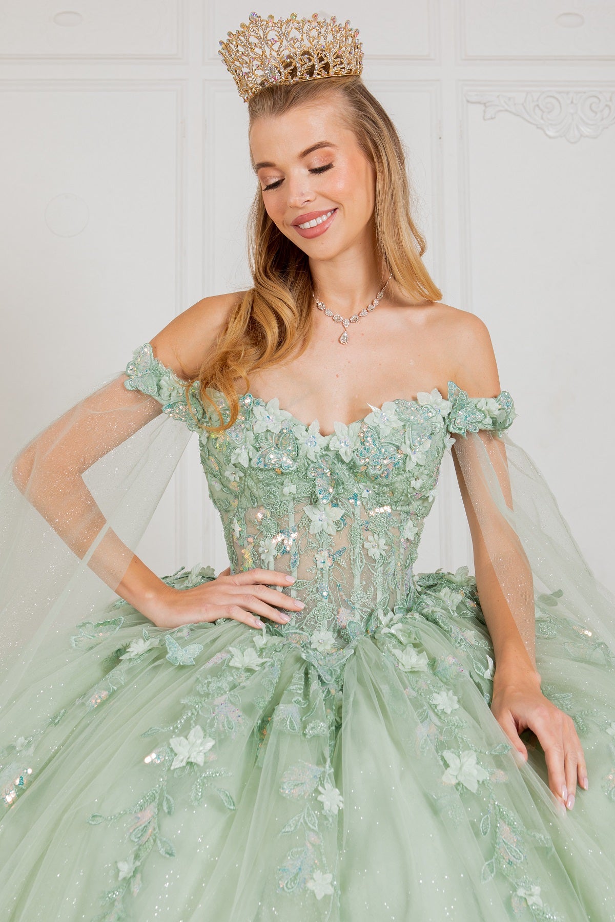 Quinceniera Dresses Long Applique Ball Gown Cape Quinceanera Dress Sage