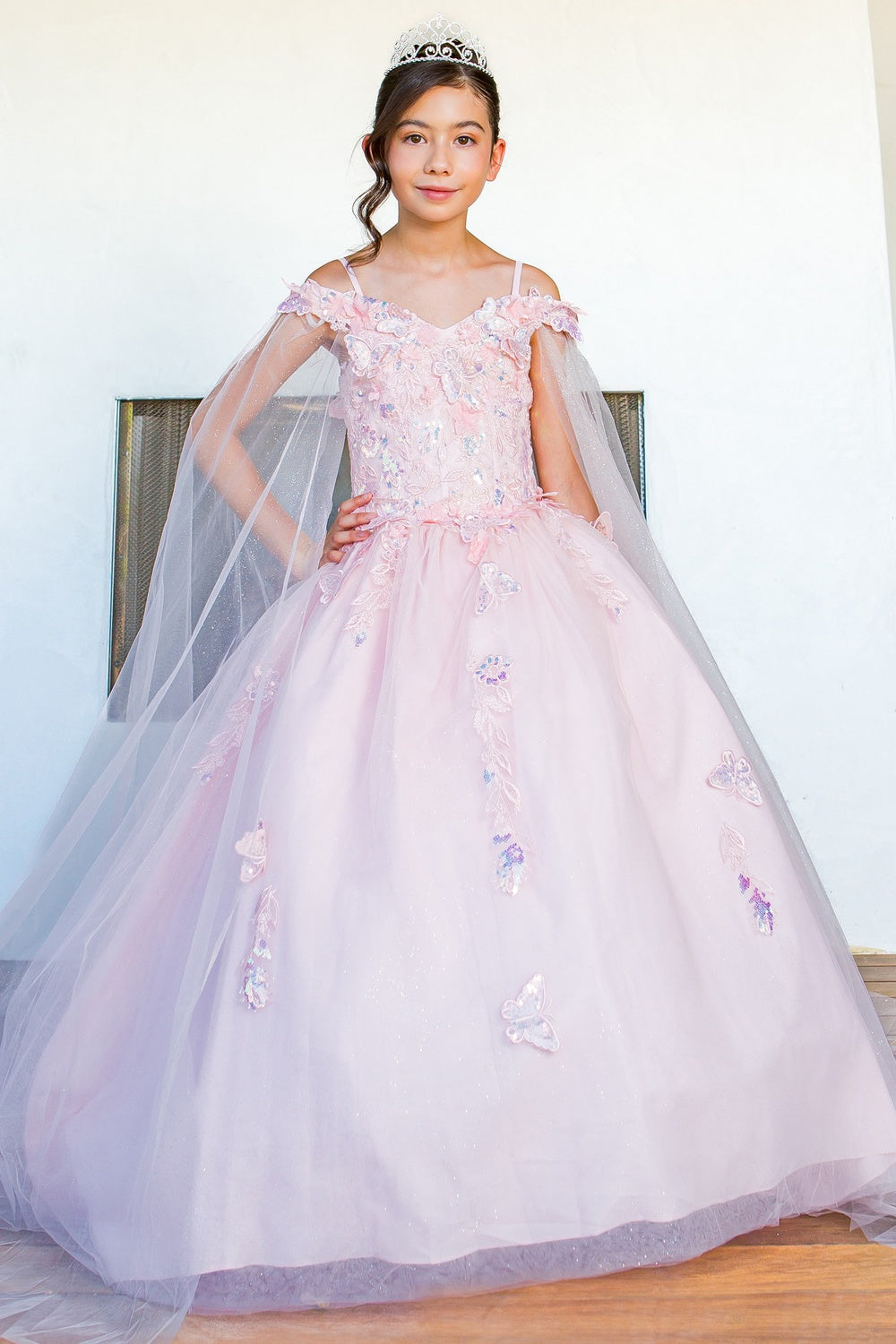 Cinderella Couture 8075 Long Flower Girl Glitter Cape Dress