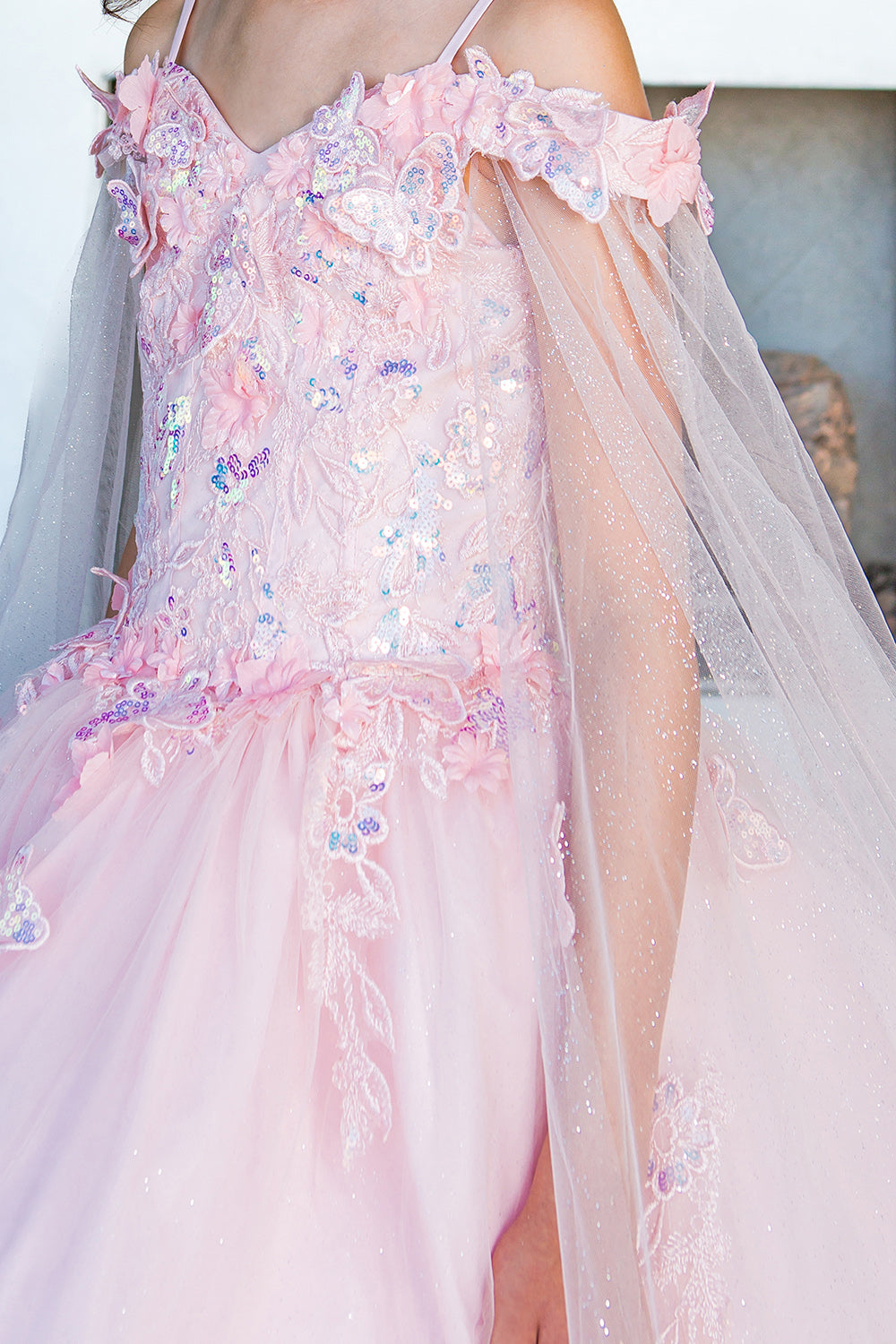 Cinderella Couture 8075 Long Flower Girl Glitter Cape Dress