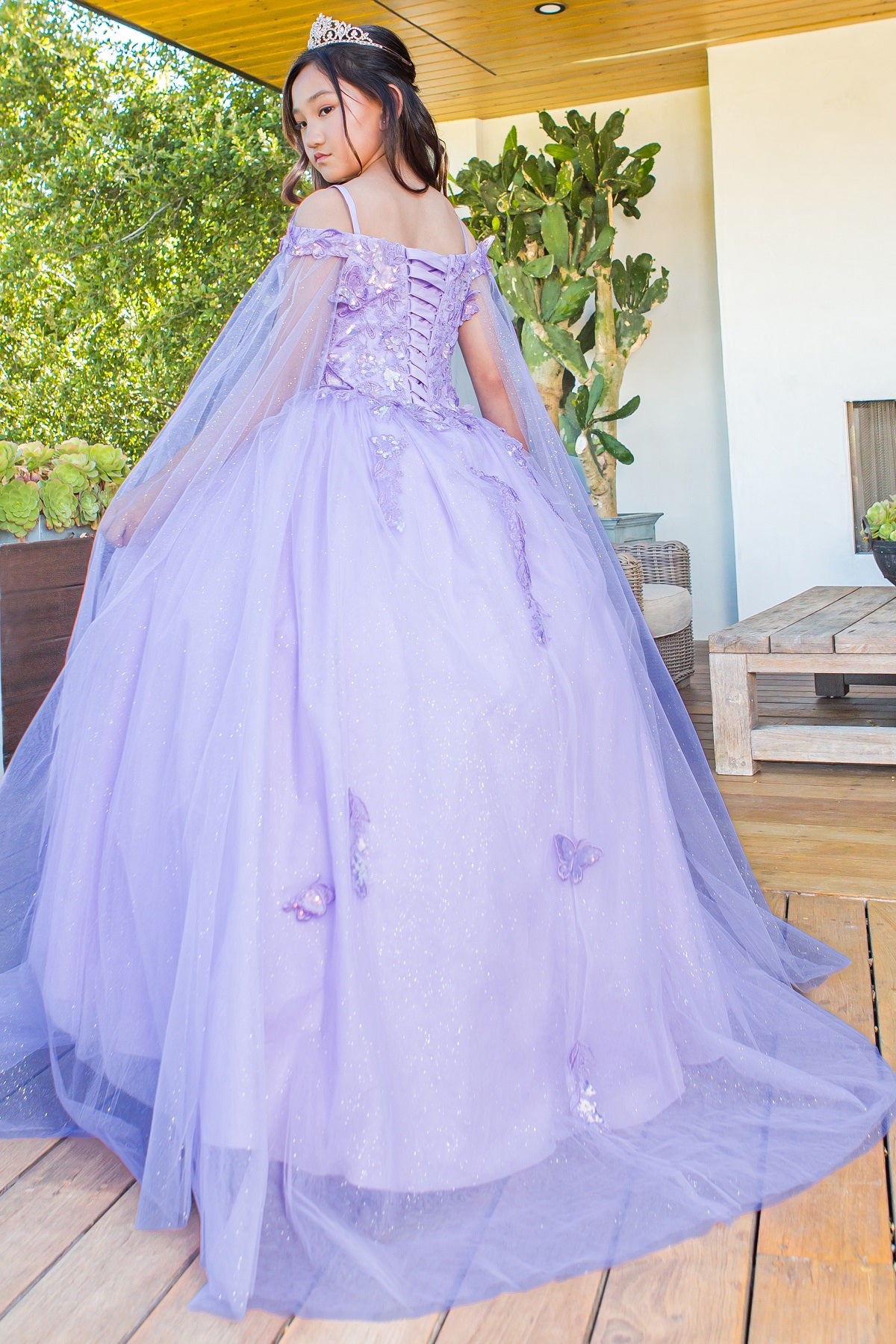 Cinderella Couture 8075 Long Flower Girl Glitter Cape Dress