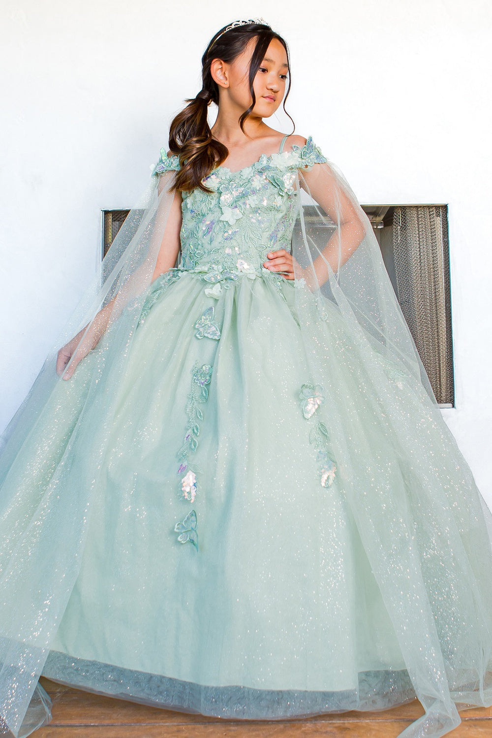 Cinderella Couture 8075 Long Flower Girl Glitter Cape Dress