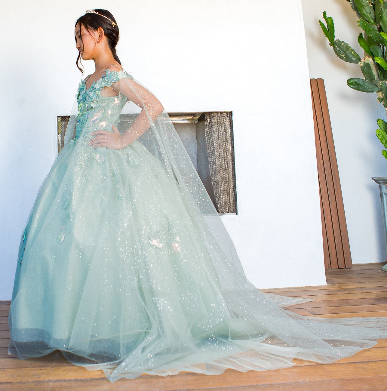 Cinderella Couture 8075 Long Flower Girl Glitter Cape Dress