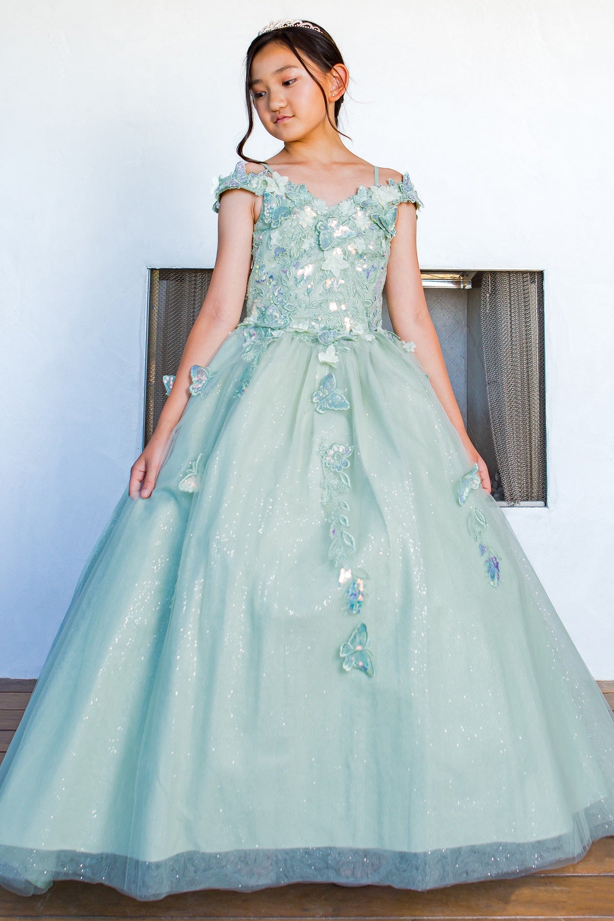 Cinderella Couture 8075 Long Flower Girl Glitter Cape Dress