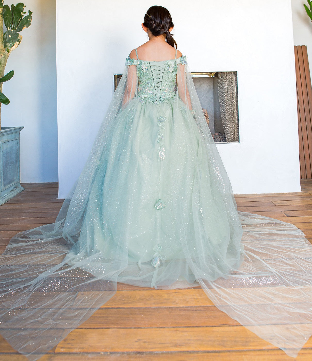 Cinderella Couture 8075 Long Flower Girl Glitter Cape Dress