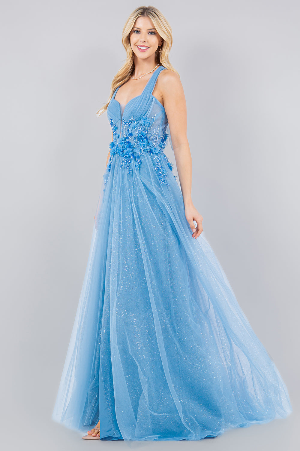 Prom Dresses A Line Long Formal Glitter Slit Prom Dress Dusty Blue