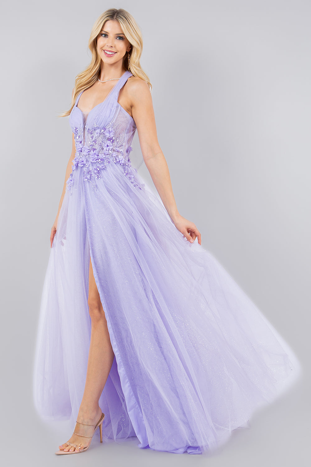 Cinderella Couture 8076J A Line Long Formal Glitter Slit Prom Dress
