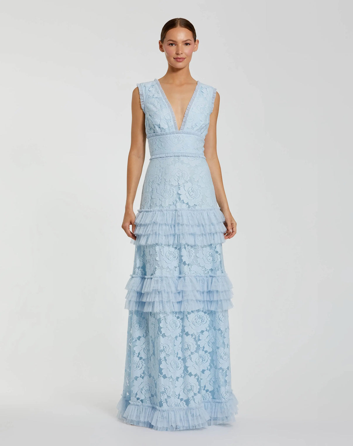 V-Neck Long Lace Formal Dress by Mac Duggal 8078 in Powder Blue