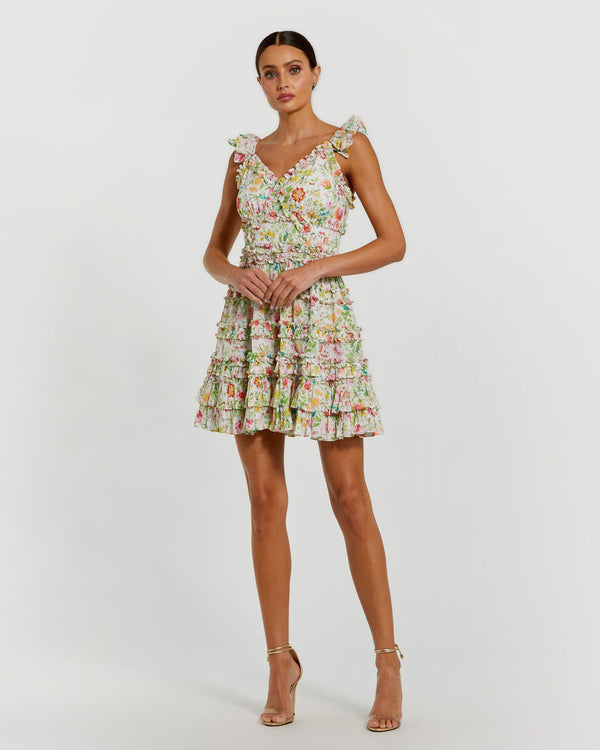 Short Floral Ruffle Mini Cocktail Dress Mac Duggal 8084