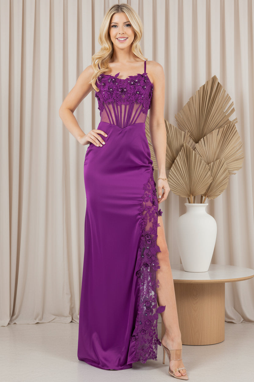 Prom Dresses Long Fitted Formal 3D Floral Applique Prom Dress Grape