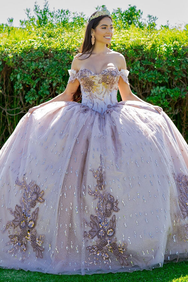 Sweetheart Floor Length Glitter Tulle Quinceanera Ball Gown with Beaded Embroidery and Lace Up Back Cinderella Couture 8087J
