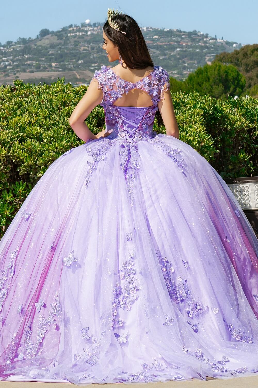 Lavendar Sweetheart Floor Length Tulle Quinceanera Ball Gown with Sheer Corset Bodice Cinderella Couture 8088J