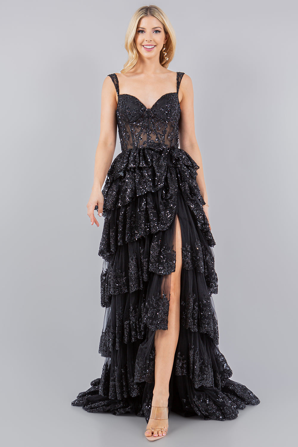 Cinderella Couture 8093J A Line Long Formal Applique Tiered Prom Dress