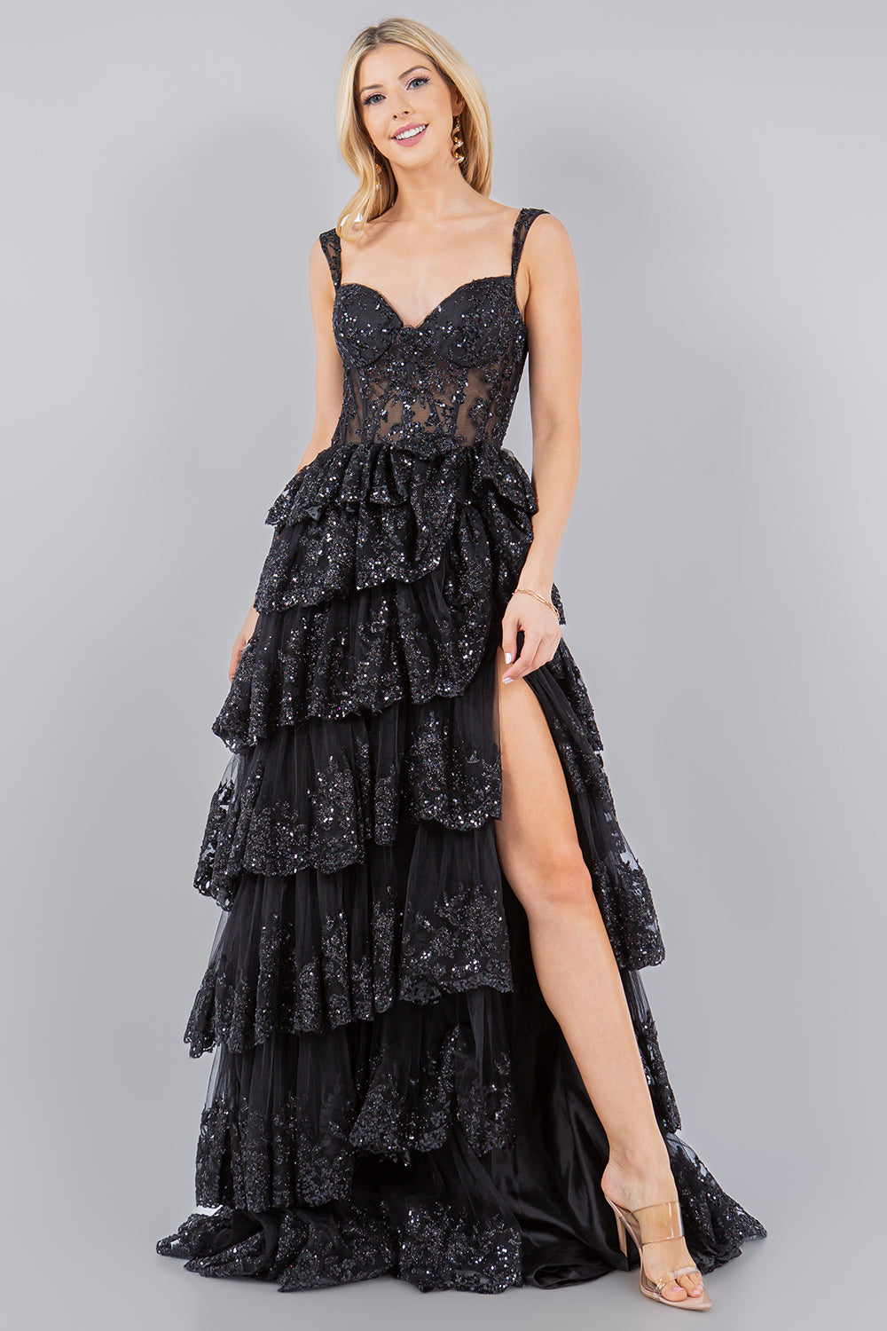 Cinderella Couture 8093J A Line Long Formal Applique Tiered Prom Dress
