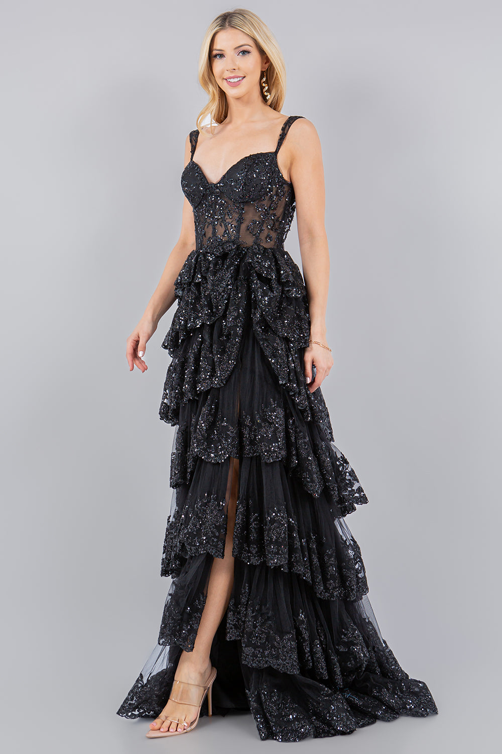 Cinderella Couture 8093J A Line Long Formal Applique Tiered Prom Dress