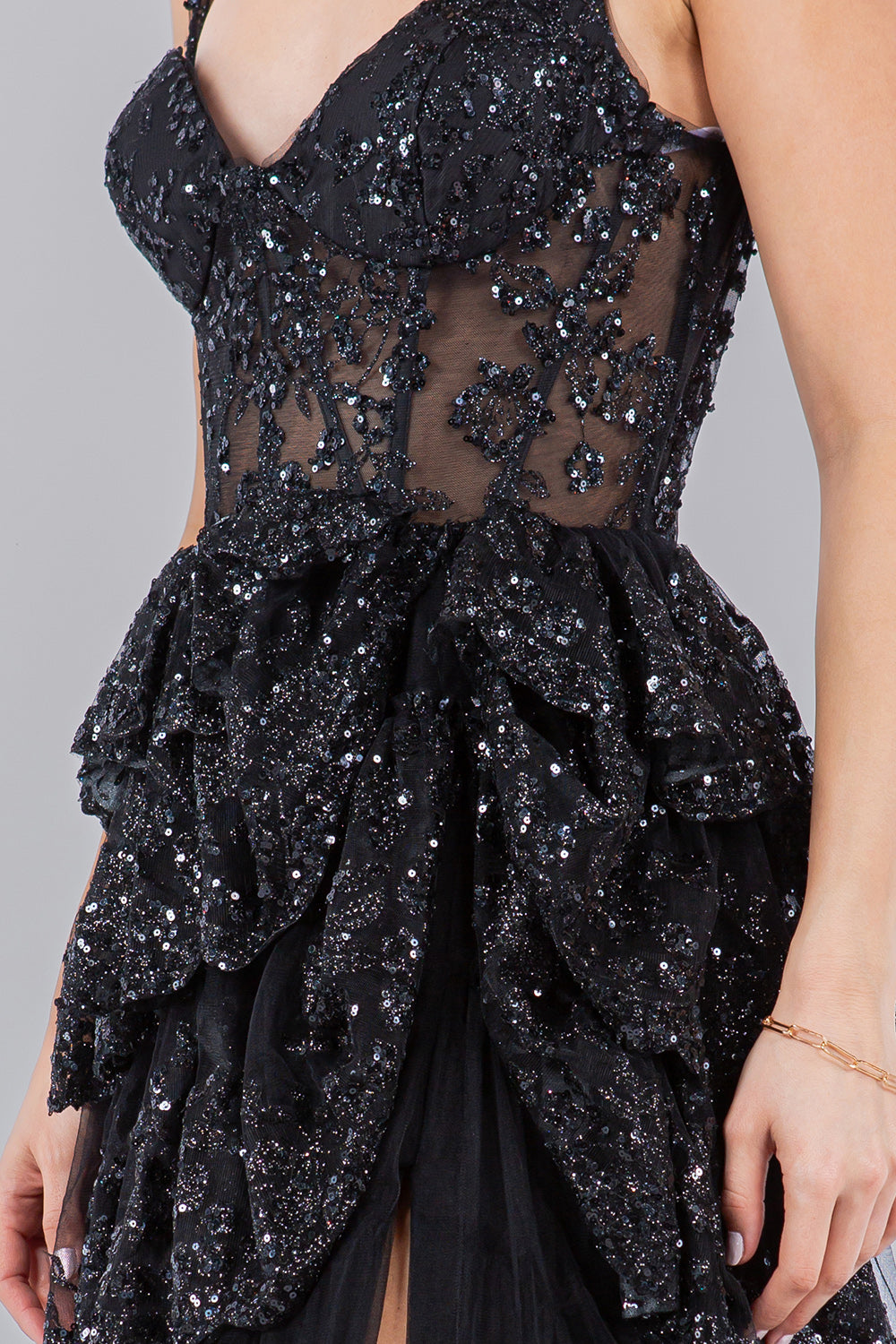 Cinderella Couture 8093J A Line Long Formal Applique Tiered Prom Dress