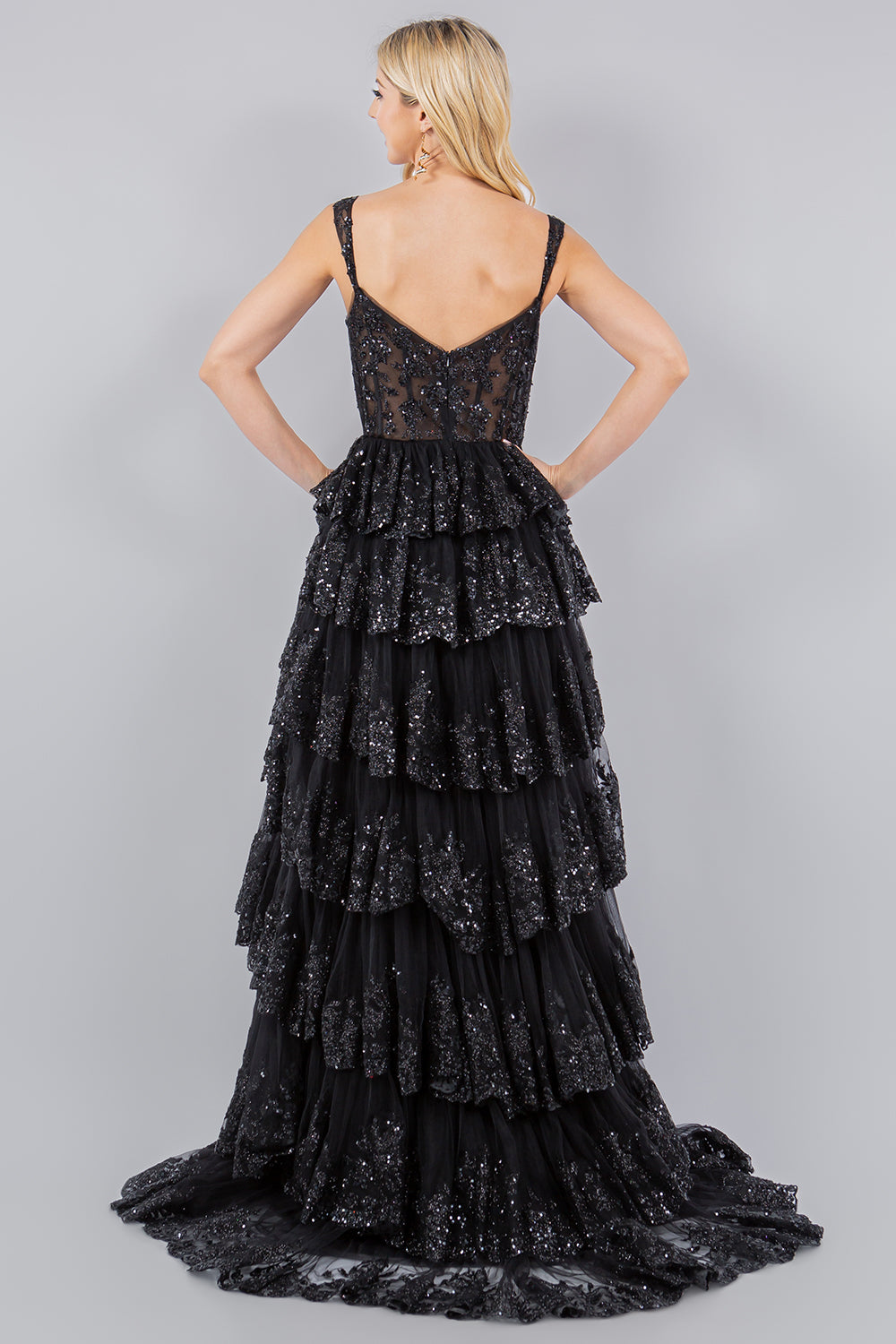 Cinderella Couture 8093J A Line Long Formal Applique Tiered Prom Dress