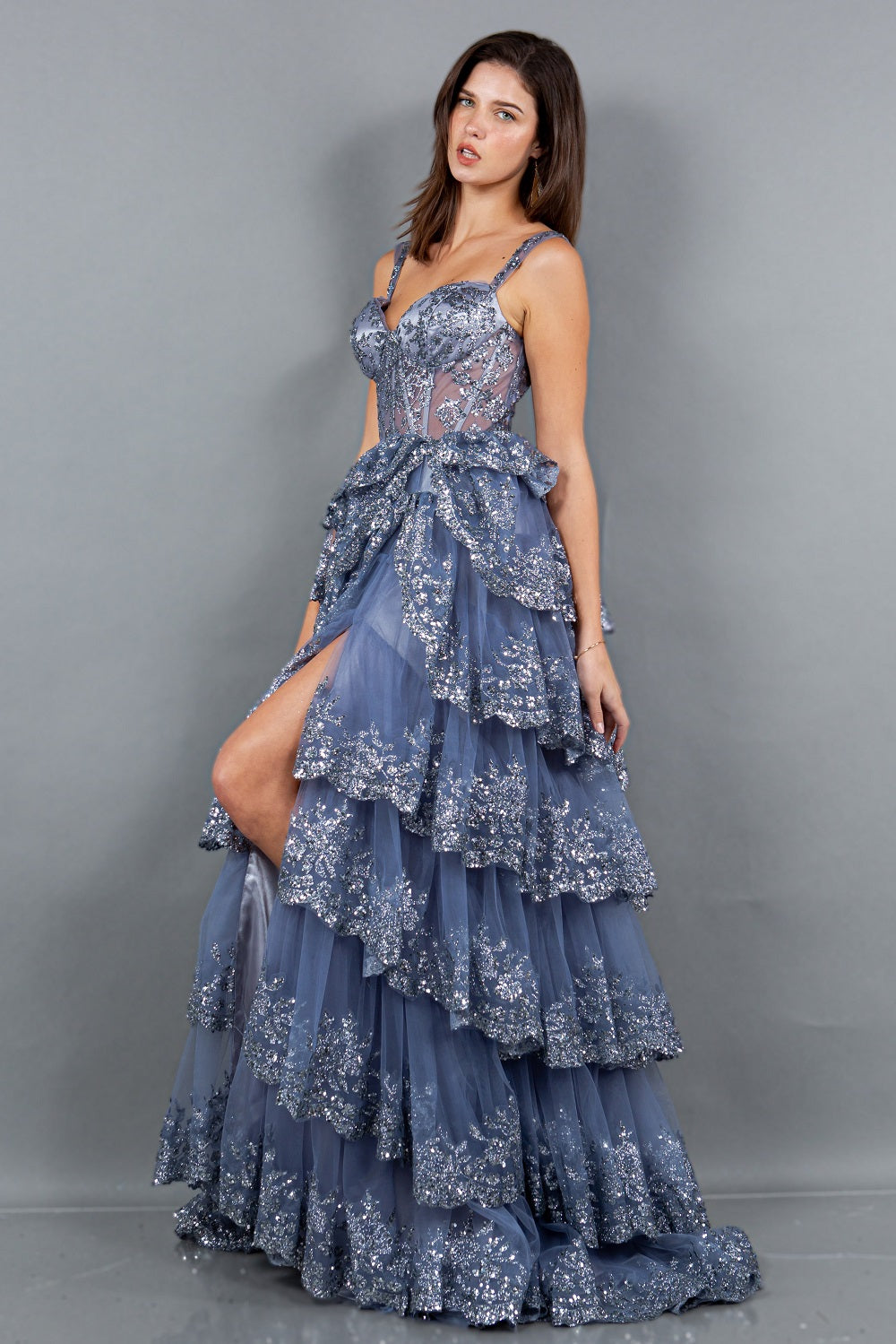 Cinderella Couture 8093J A Line Long Formal Applique Tiered Prom Dress