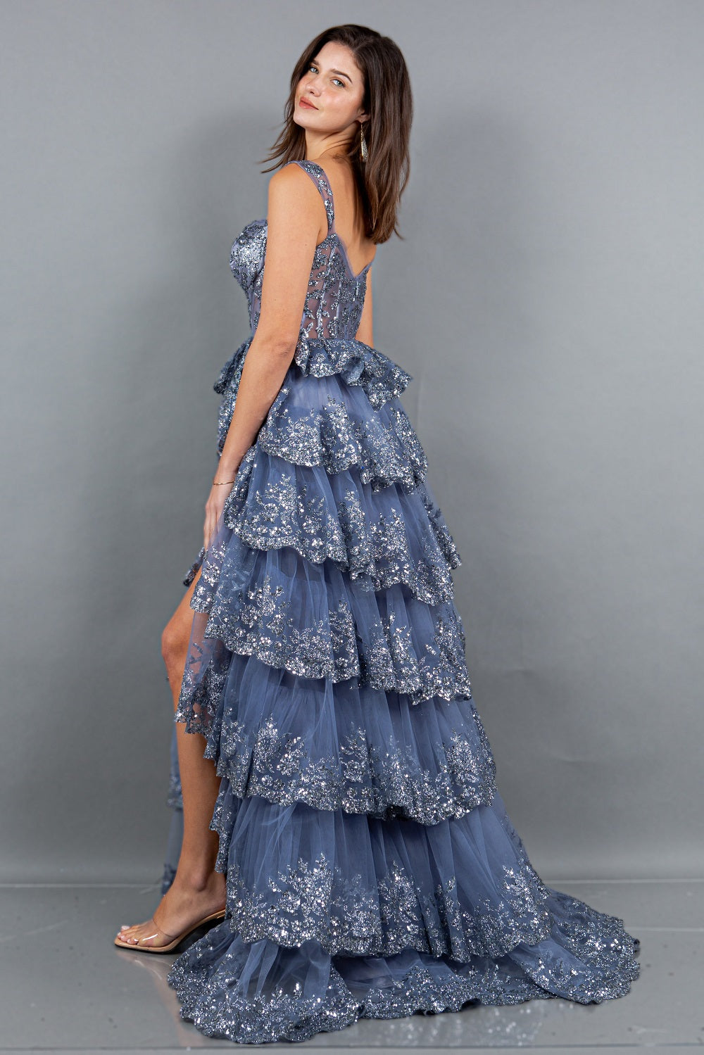 Cinderella Couture 8093J A Line Long Formal Applique Tiered Prom Dress