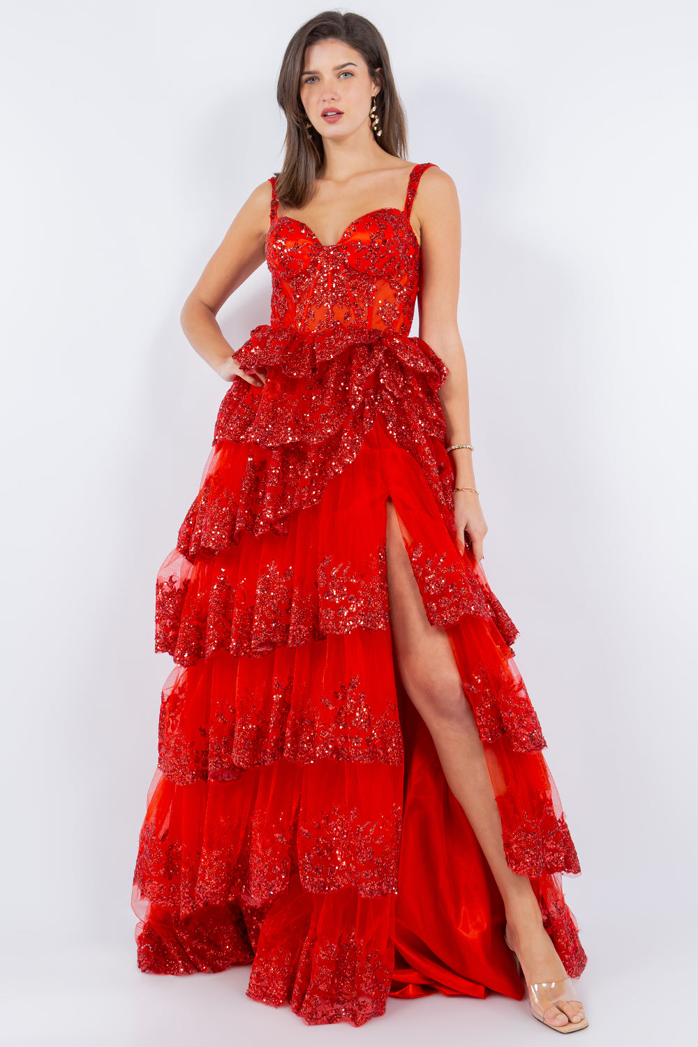 Cinderella Couture 8093J A Line Long Formal Applique Tiered Prom Dress