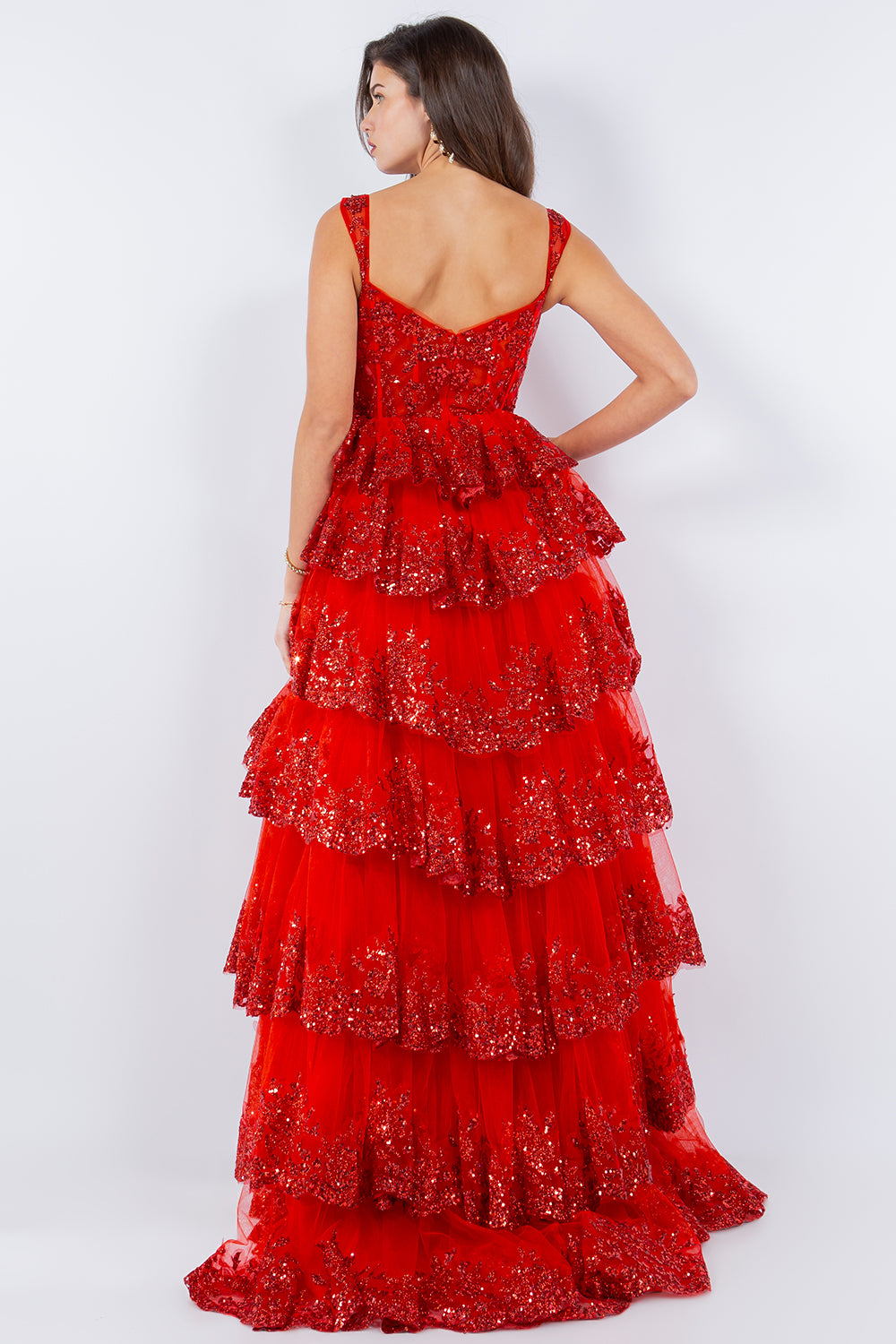 Cinderella Couture 8093J A Line Long Formal Applique Tiered Prom Dress