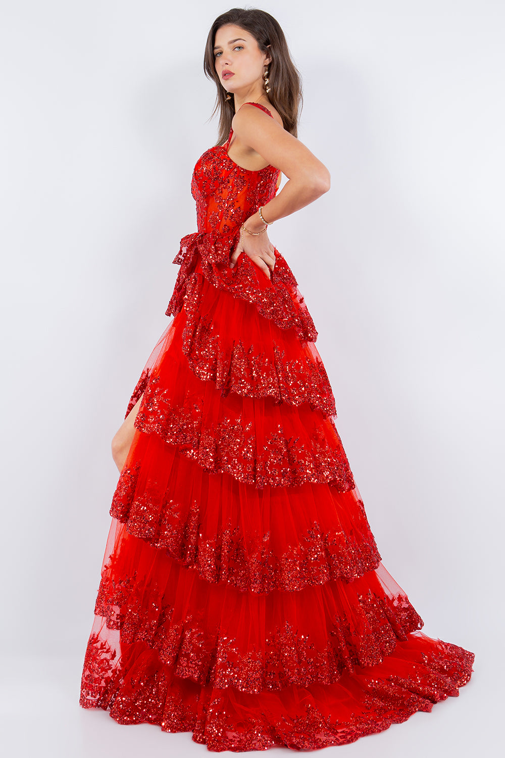 Cinderella Couture 8093J A Line Long Formal Applique Tiered Prom Dress