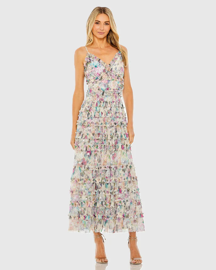 Nude Multi V-Neck Midi Tiered Tulle Cocktail Floral Dress Mac Duggal 8095