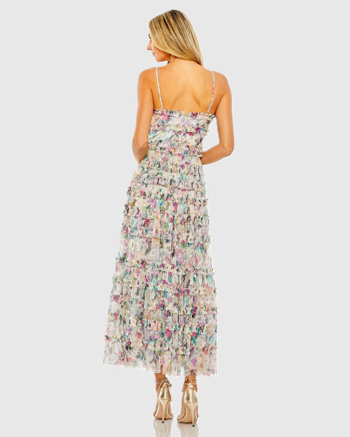 Nude Multi V-Neck Midi Tiered Tulle Cocktail Floral Dress Mac Duggal 8095