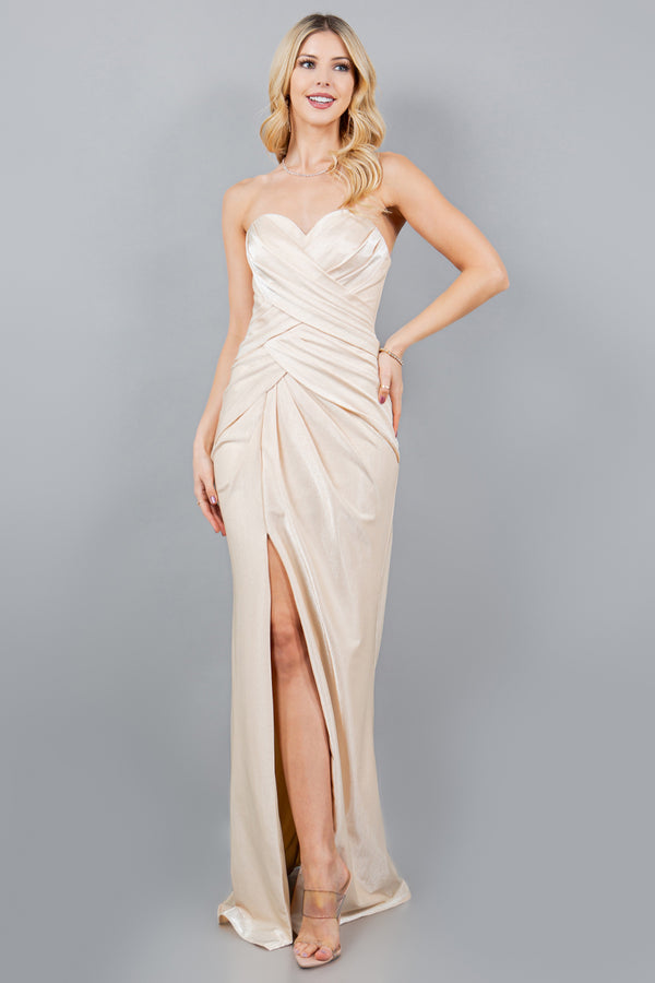 Cinderella Couture 8095J Fitted Long Metallic Formal Slit Prom Dress