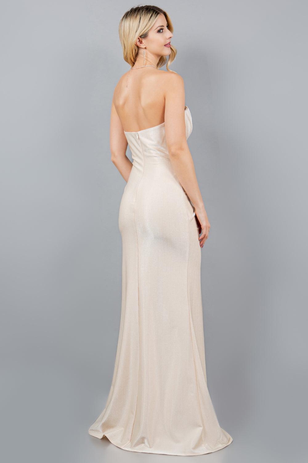 Cinderella Couture 8095J Fitted Long Metallic Formal Slit Prom Dress