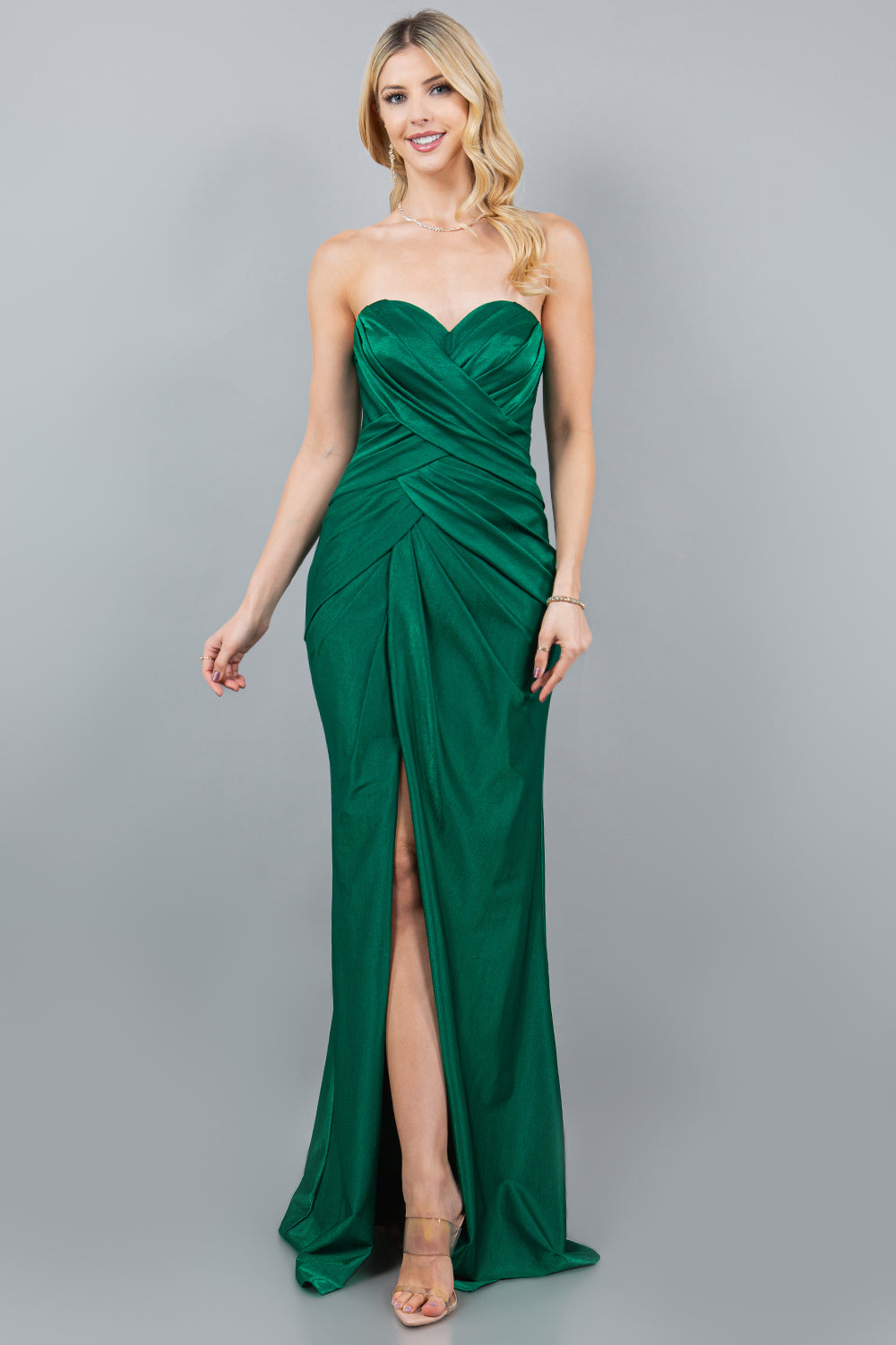 Cinderella Couture 8095J Fitted Long Metallic Formal Slit Prom Dress