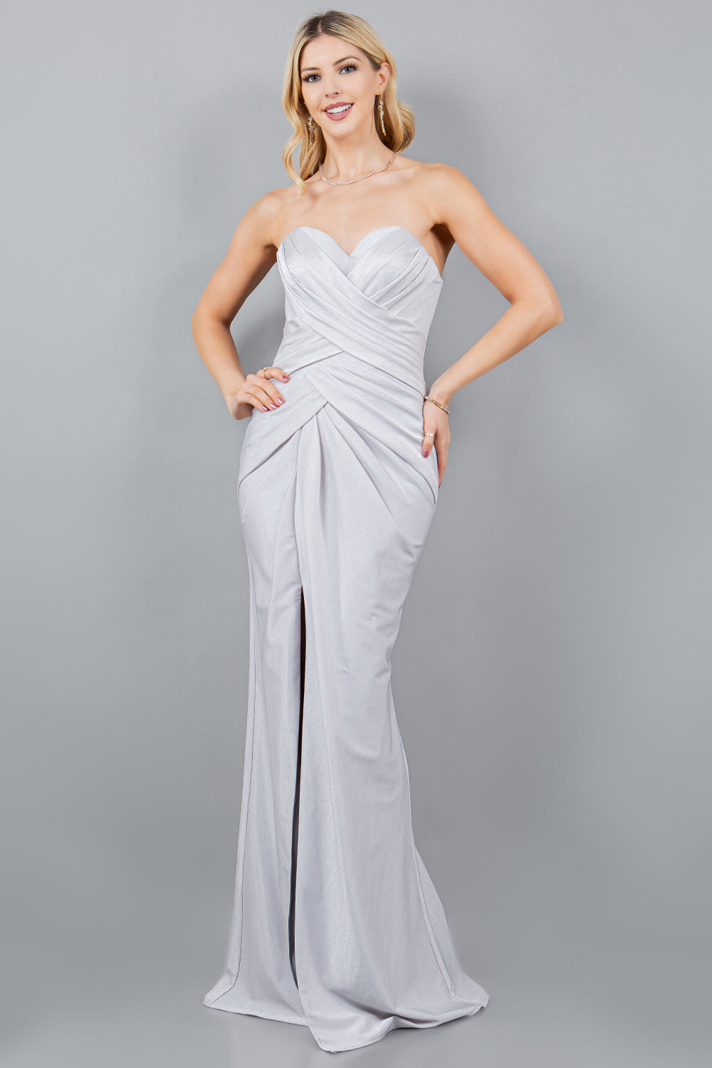 Cinderella Couture 8095J Fitted Long Metallic Formal Slit Prom Dress