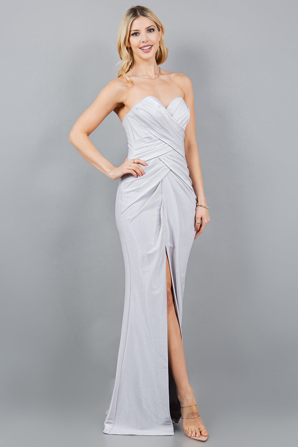 Cinderella Couture 8095J Fitted Long Metallic Formal Slit Prom Dress